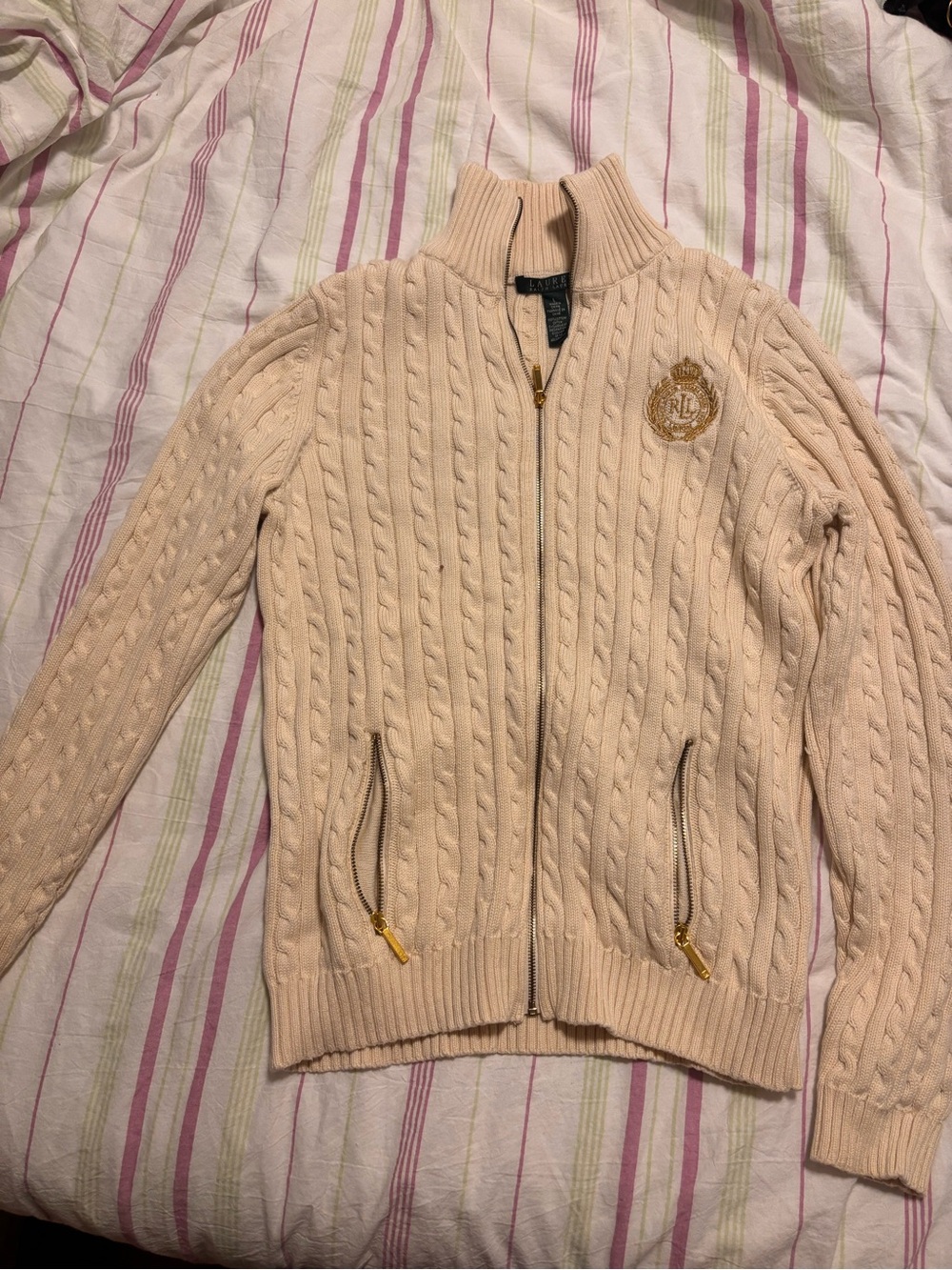 Ralph Lauren Cream Cable Zip-Up Cardigan with Crest